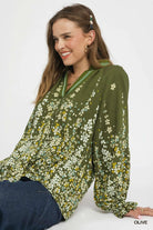 Umgee Olive Floral Vine Print Blouse with Balloon Sleeves Olive