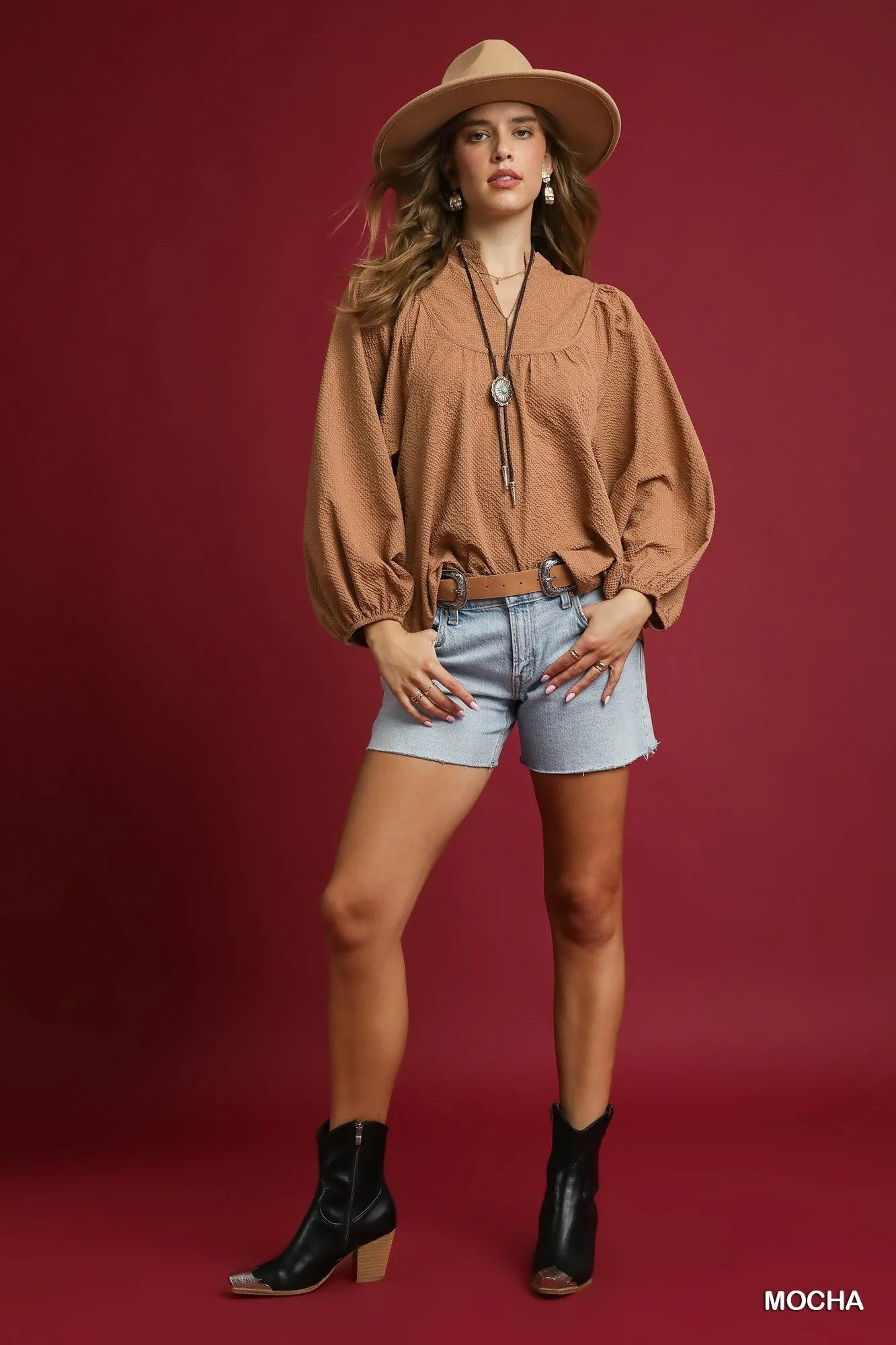Umgee Mocha Textured Notched Blouse with Balloon Sleeves