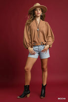 Umgee Mocha Textured Notched Blouse with Balloon Sleeves
