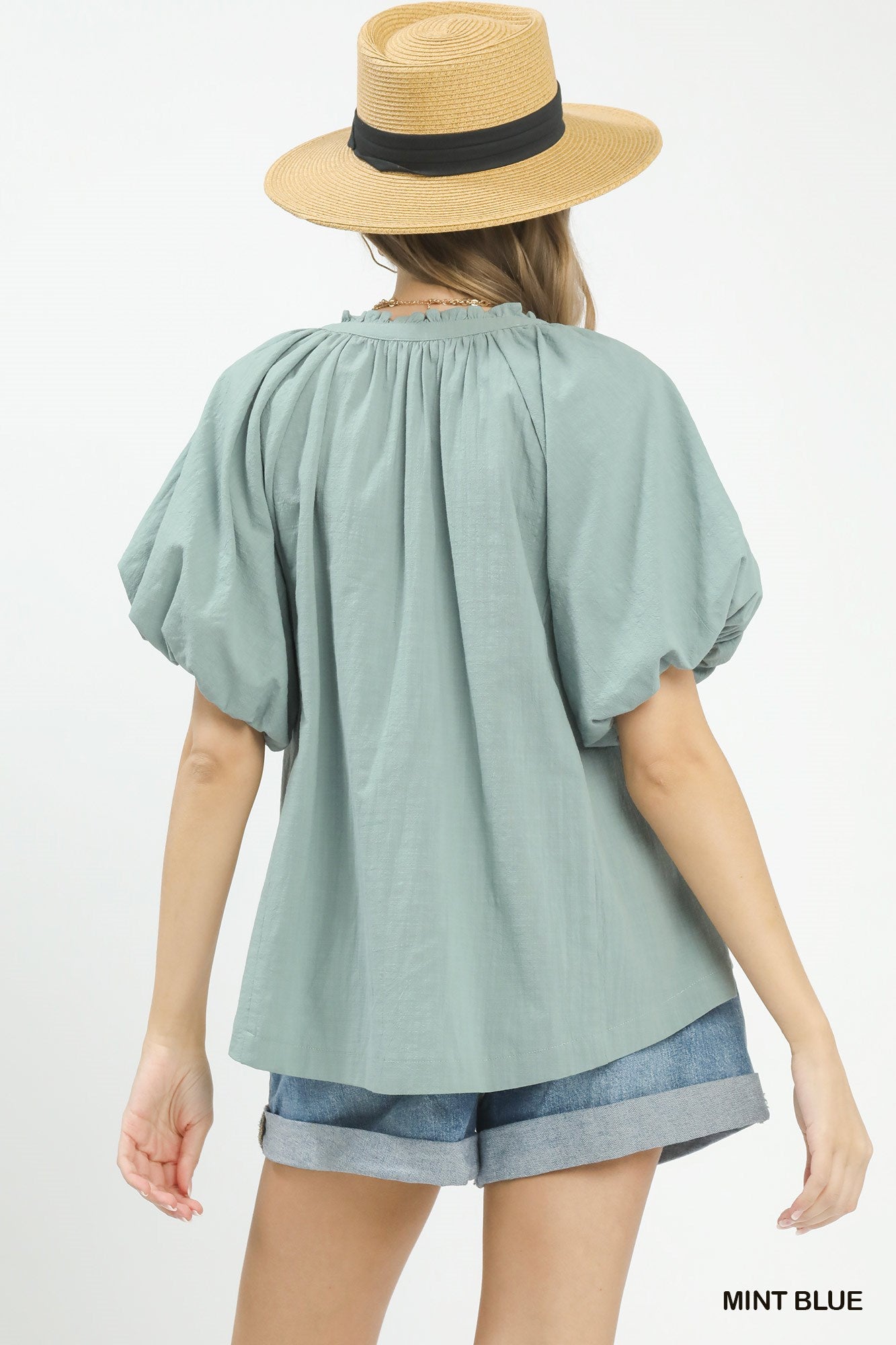 Umgee Mint Blue Lace Inset Puff Sleeve Boho Blouse