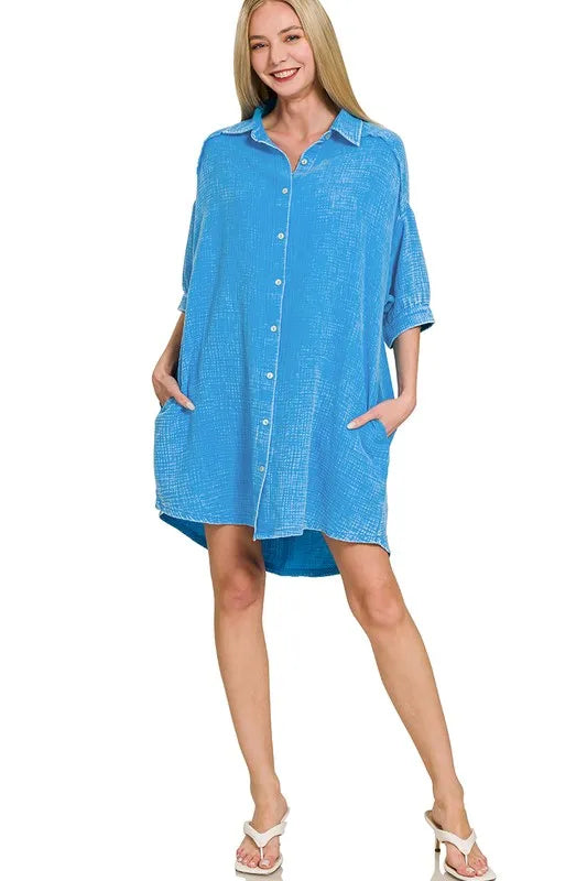 Zenana Deep Sky Washed Double Gauze Button Down Shirt Dress
