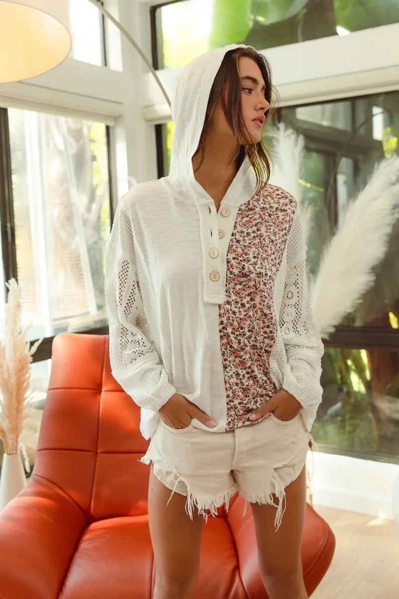 BiBi Ivory Slub Jersey with Lace Combo Buttoned Hoodie Top
