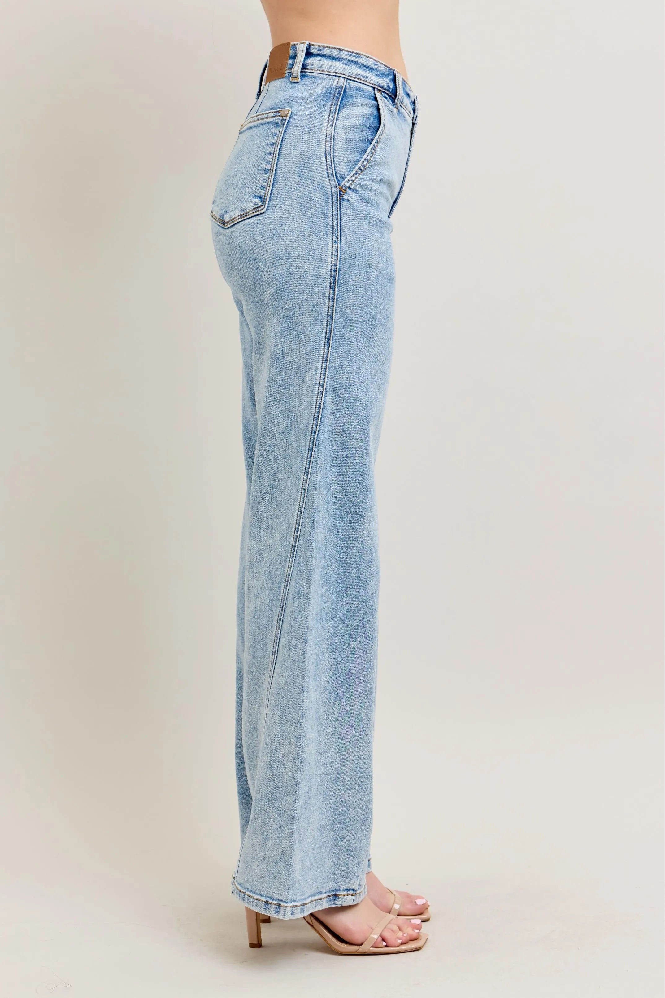 Judy Blue Light Washed High Waist Wide Leg Jeans with Skewed Inseam
