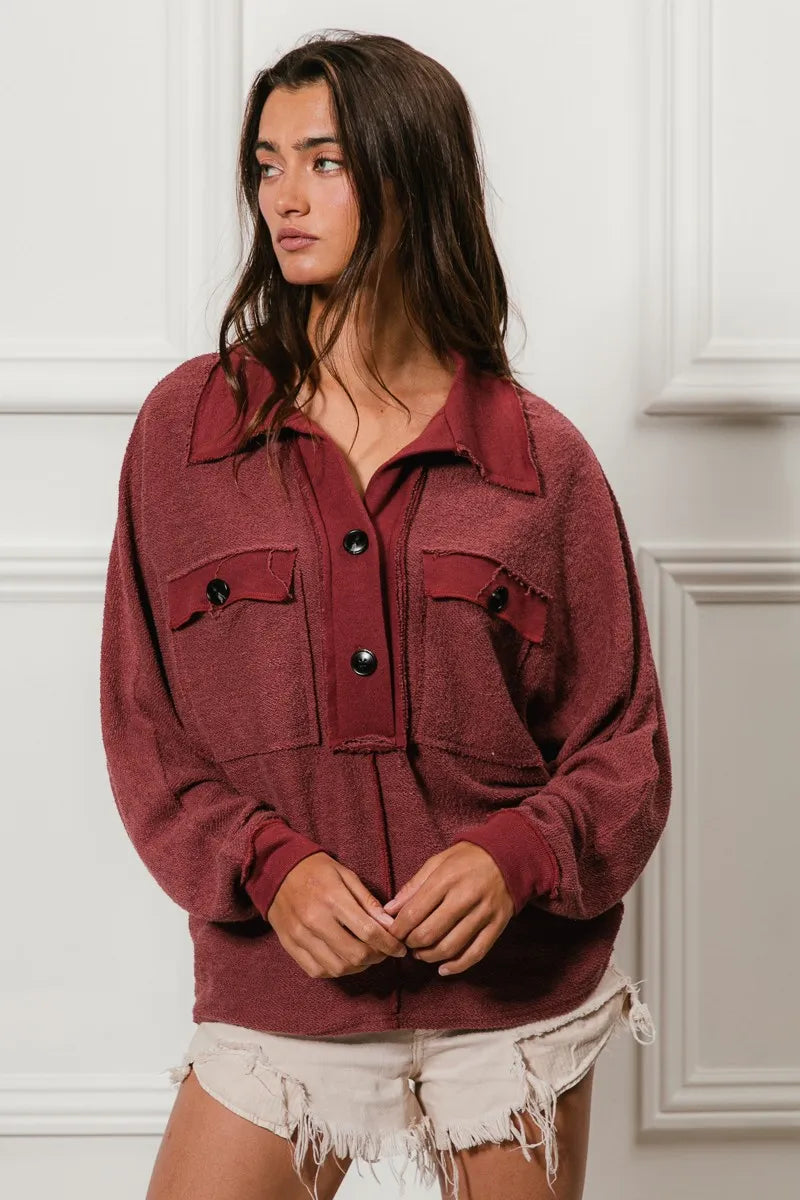 BiBi Marsala French Terry Cut Edge Detail Collared Long Sleeve Top