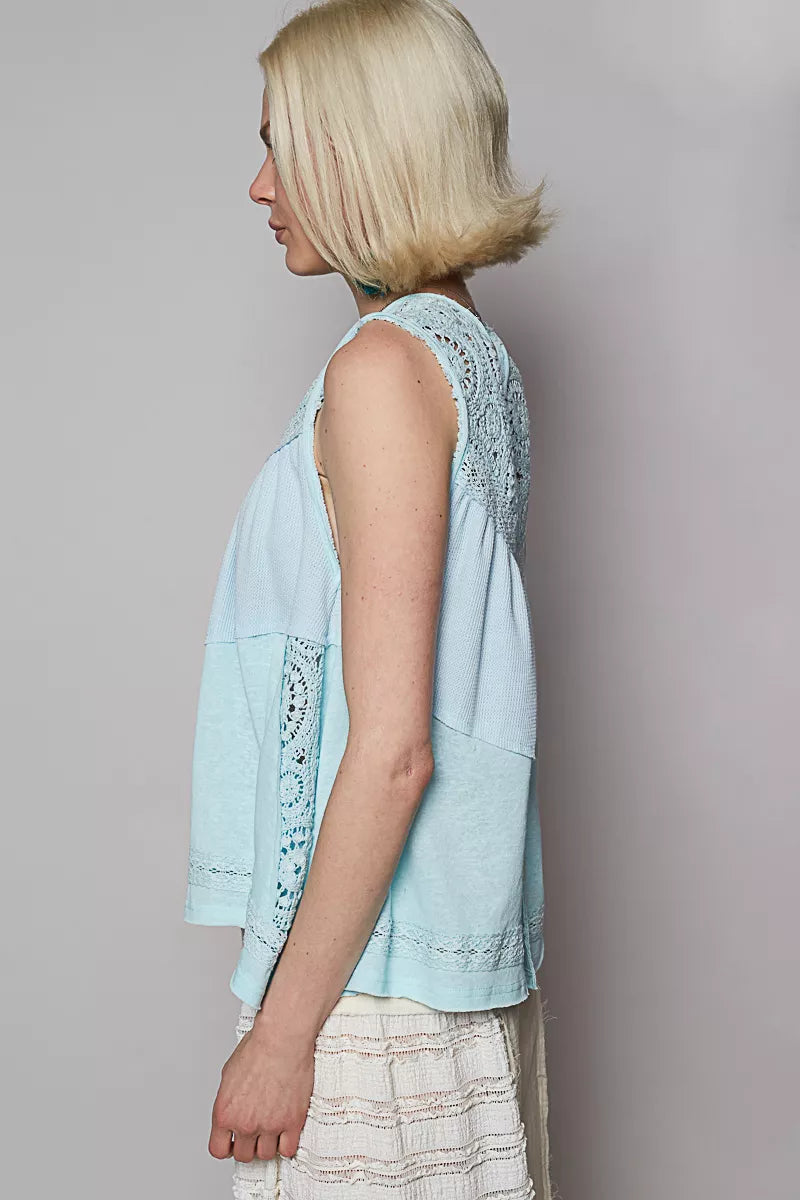 POL Round Neck Sleeveless Top with Crochet Contrast