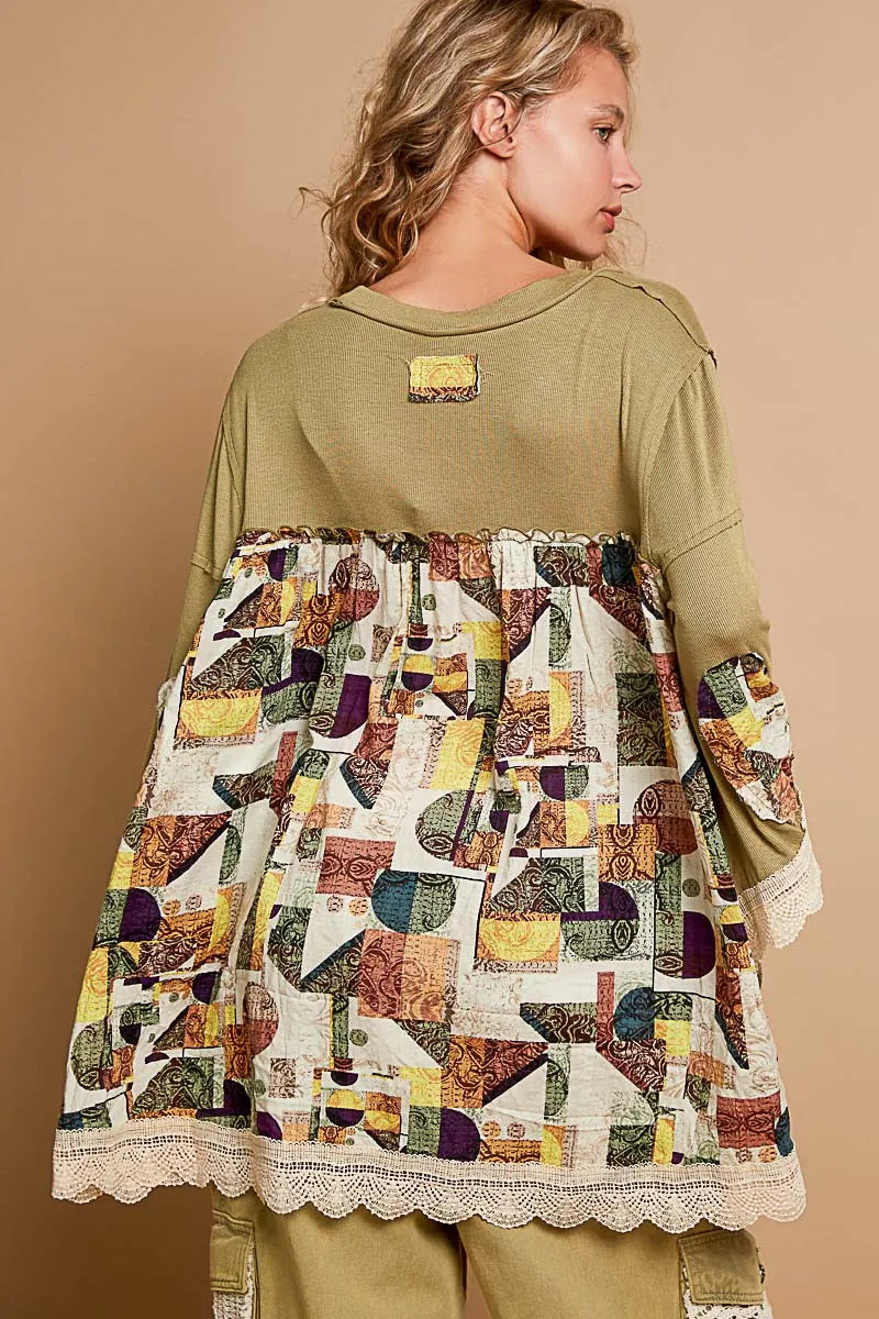 POL Moss Green Bohemian Geometric Print Long Sleeve Top with Lace Trim
