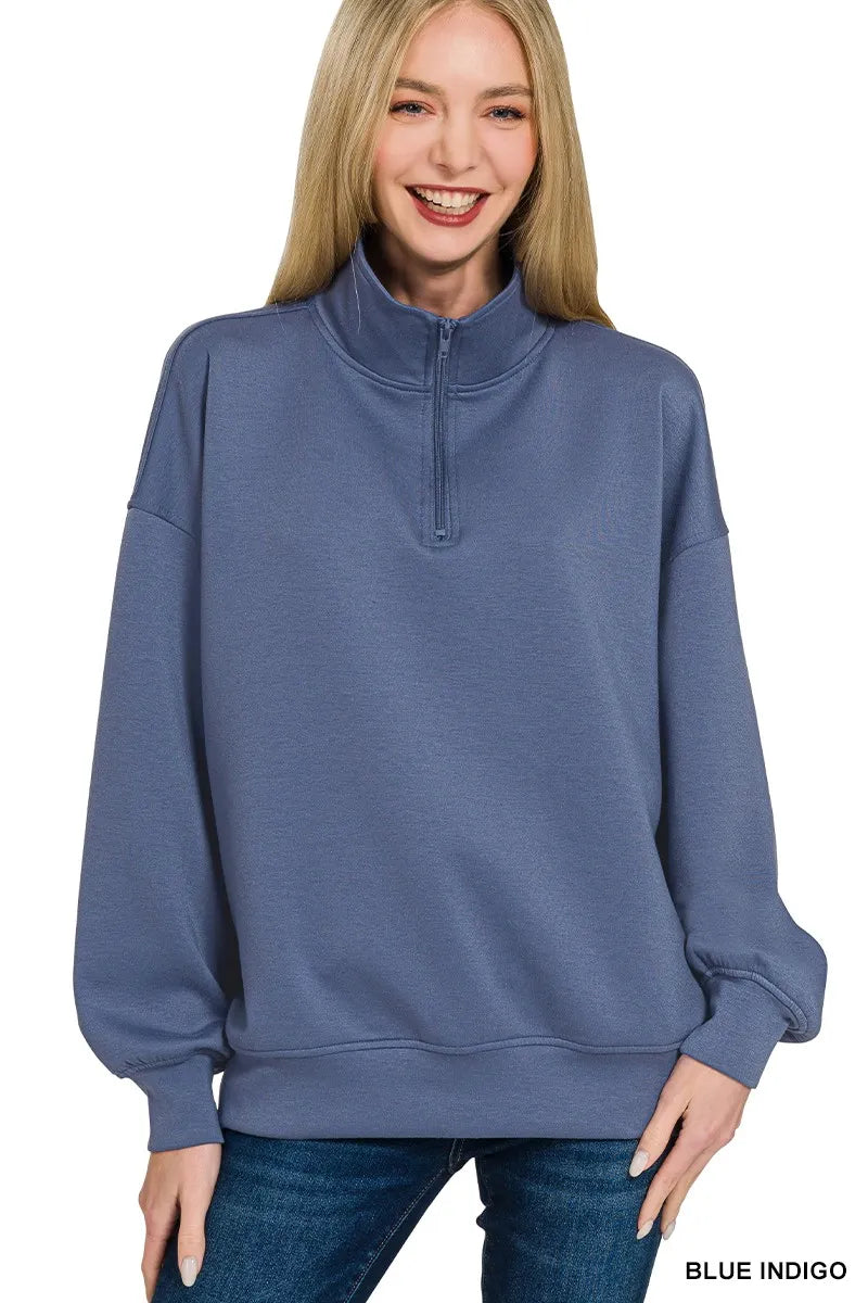 Zenana Blue Indigo Scuba Quarter-Zip Long Sleeve Sweatshirt
