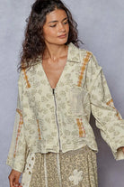 POL Plaid and Floral Crochet Patch Denim Jacket Sage Coats & Jackets