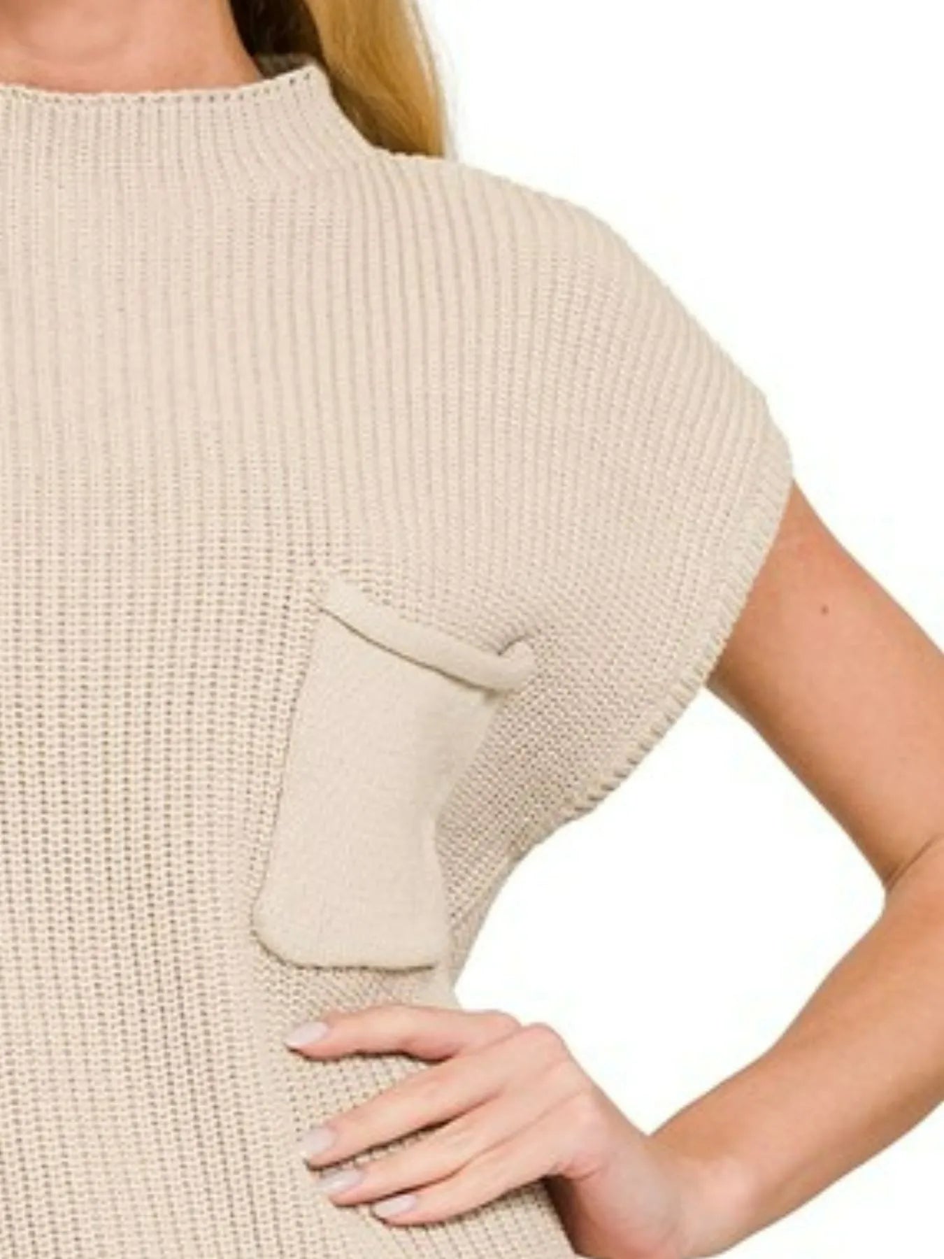 Zenana Sand Beige Mock Neck Short Sleeve Sweater