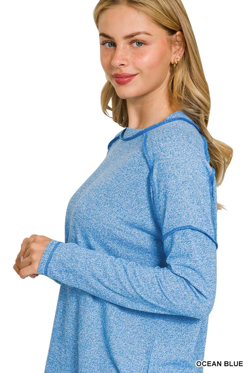 Zenana Ocean Blue Melange Hacci Exposed Seam Hi-low Top