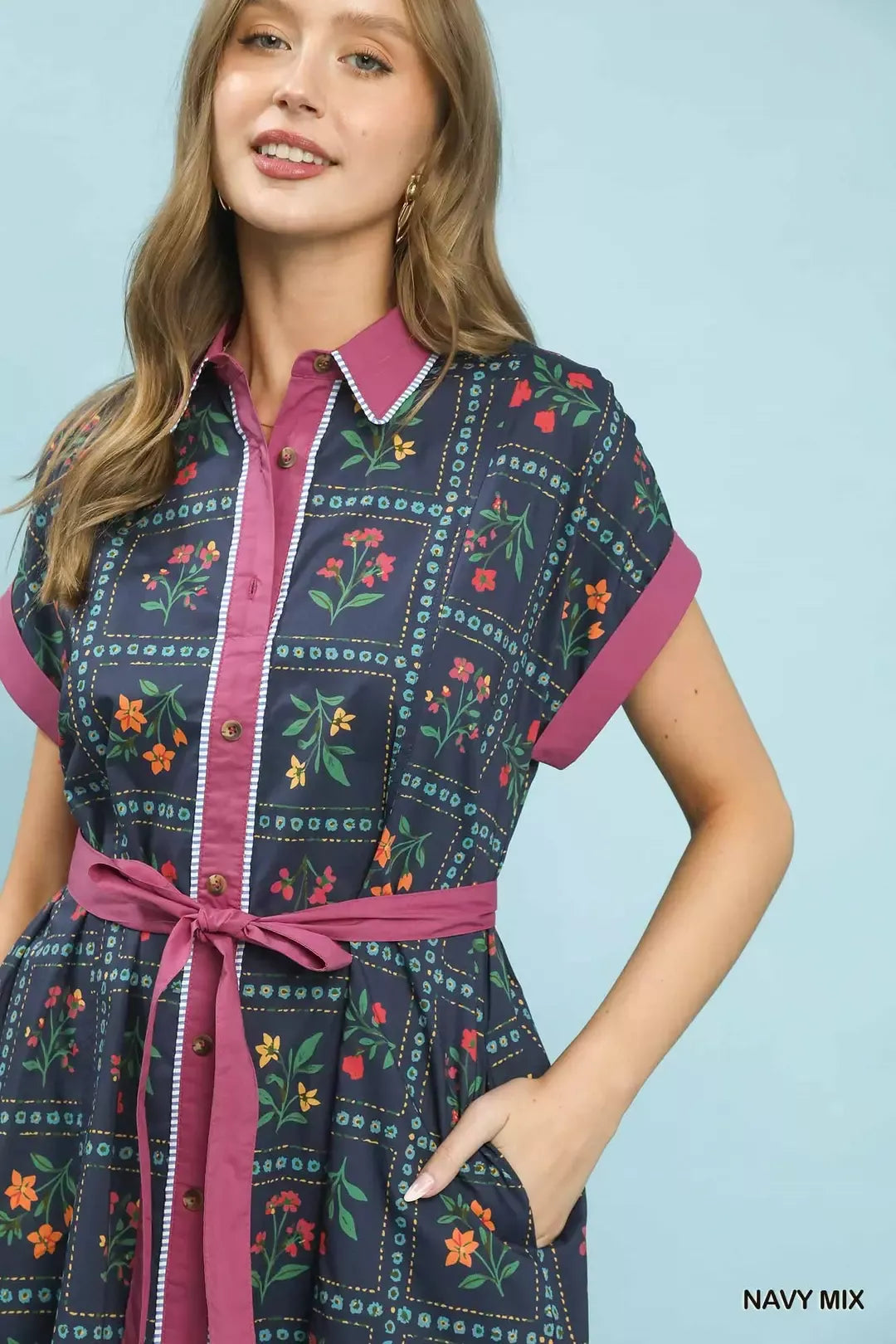 Umgee Navy Mix Floral Button-Front Midi Dress