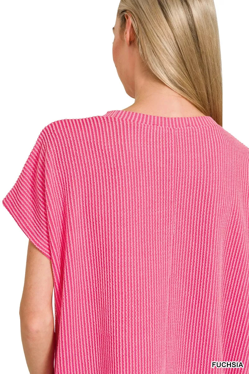 Zenana Fuchsia Raised Rib Front Pocket Boxy Top