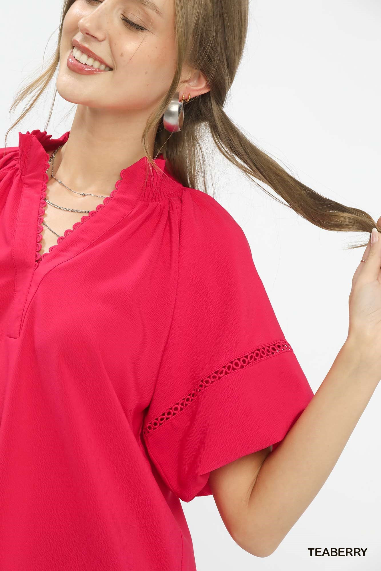 Umgee Teaberry Lace Trim Peasant Top