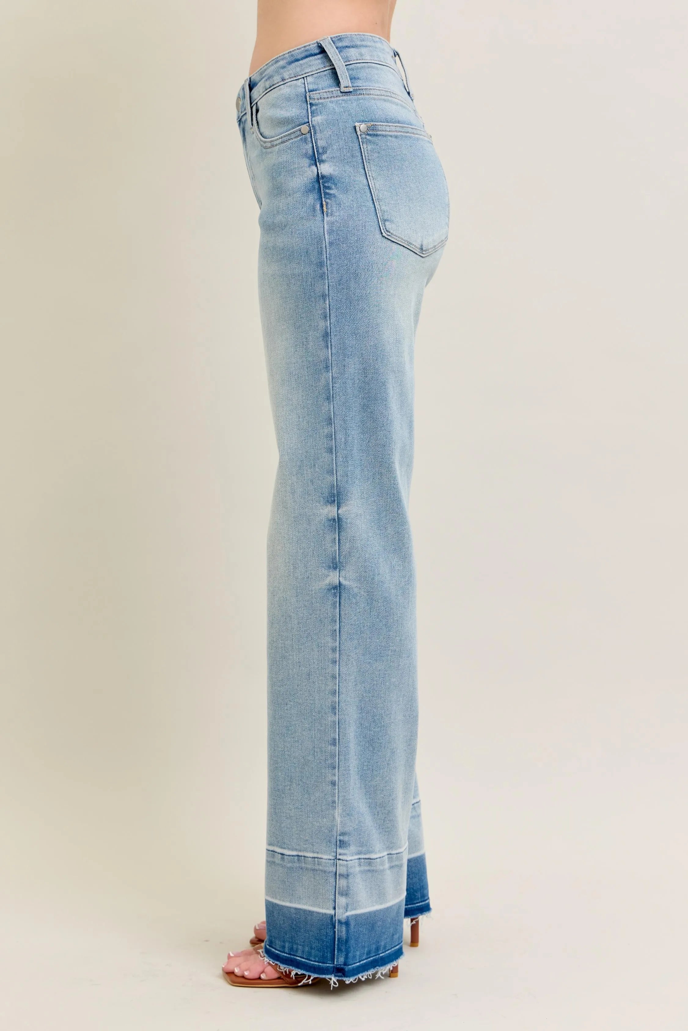 Judy Blue Light Washed Mid-rise Release Hem Wide Leg Jeans