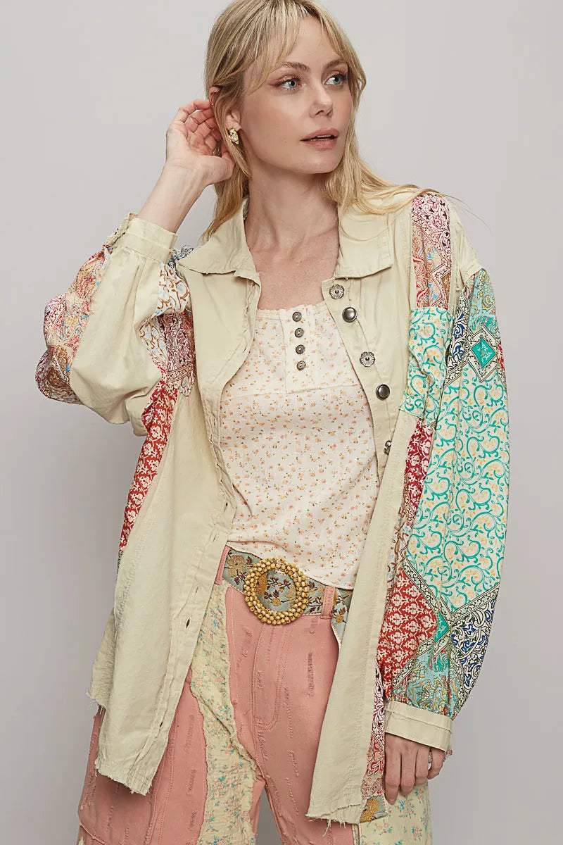POL Beige Mixed Printed Button Up Long Sleeve Oversized Shirt
