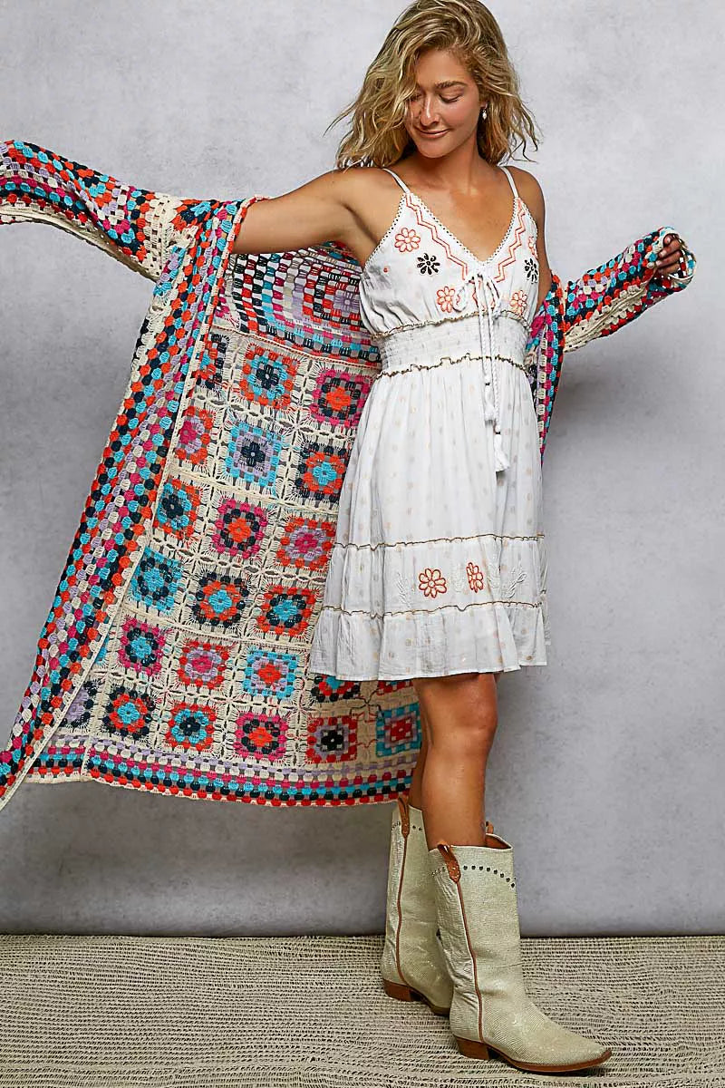 POL Multi-Color Granny Square Crochet Open Front Cardigan