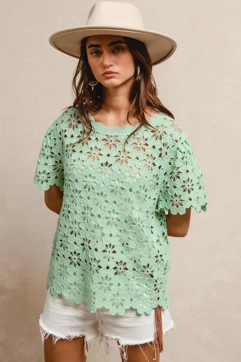 BiBi Light Green Openwork Crochet Short Sleeve Knit Top