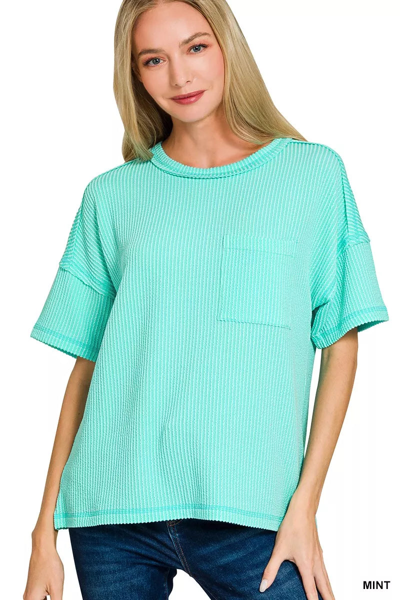 Zenana Mint Raised Rib Exposed Seam Short Sleeve Top MINT