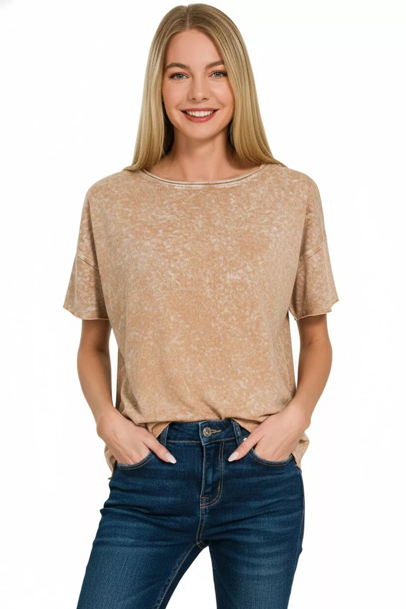 Zenana Brown Halo Washed Cotton Short Sleeve Top
