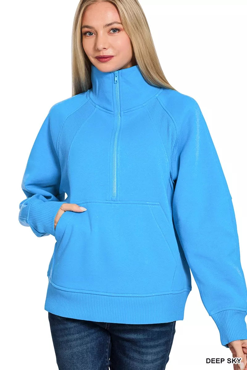 Zenana Deep Sky Half Zip Fleece Sweatshirt with kangaroo Pocket DEEP SKY
