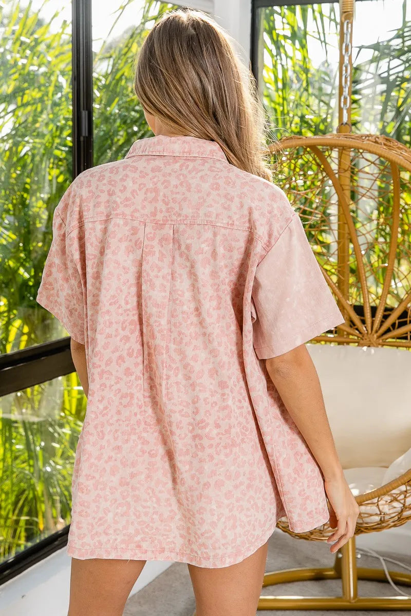 BiBi Dusty Pink Mineral Washed Leopard Print Short Sleeve Shirt
