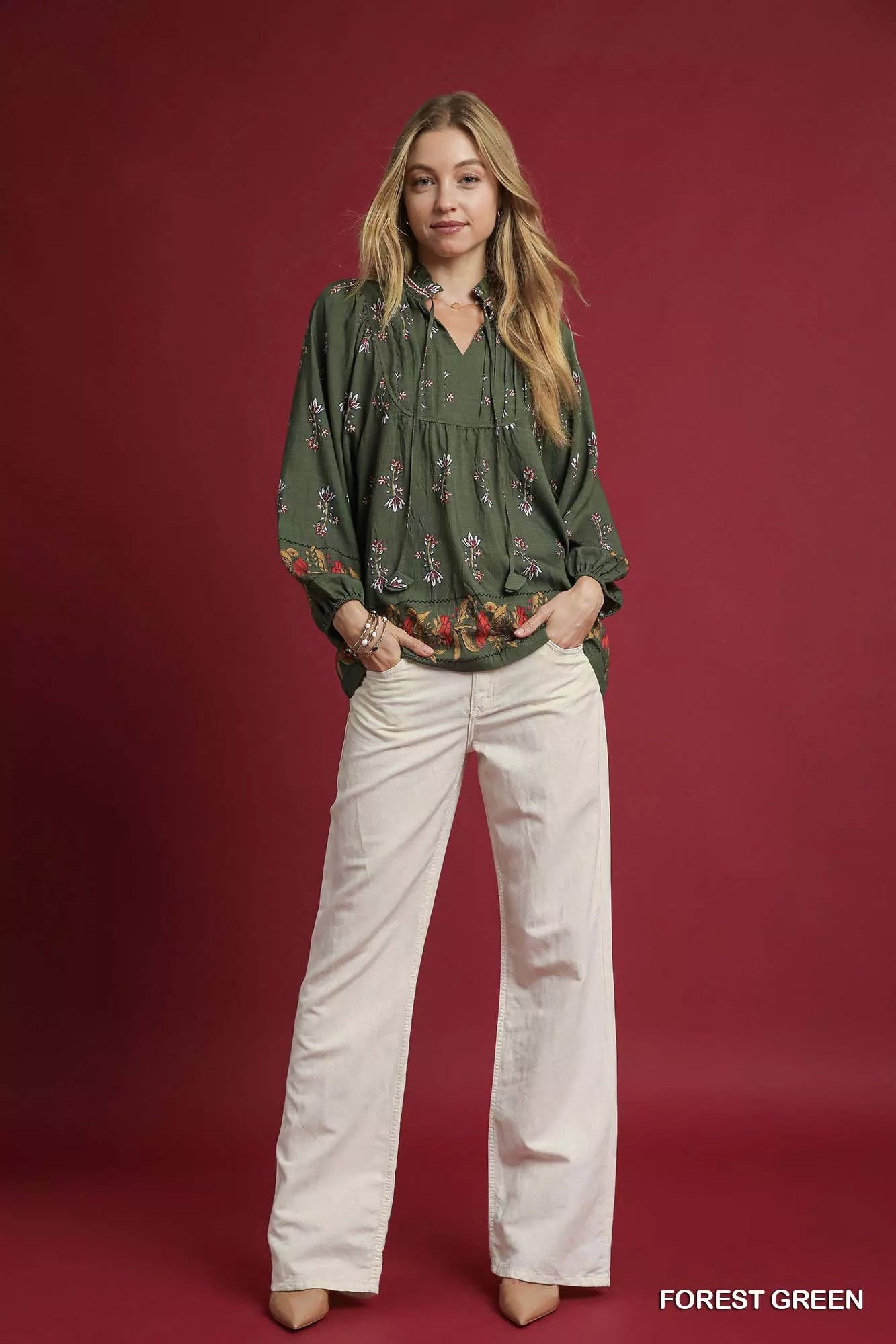 Umgee Forest Green Floral Boho Peasant Blouse