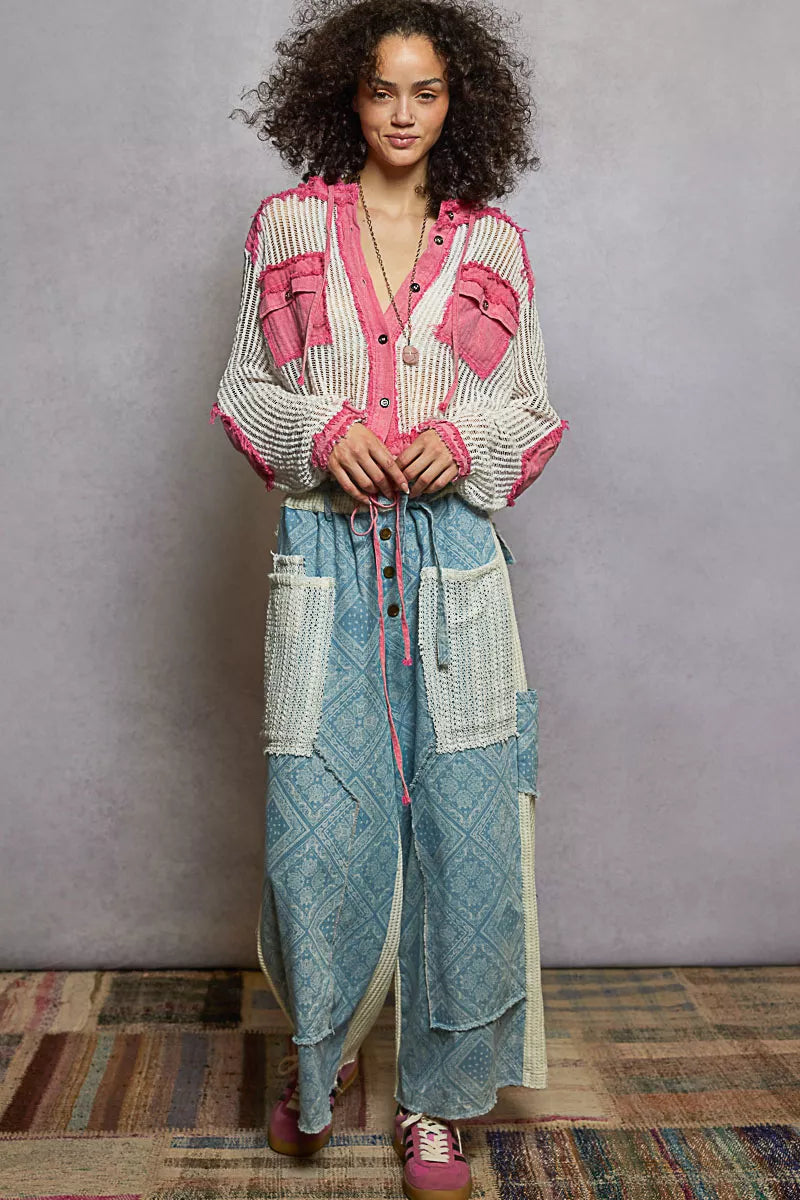 POL Pink Multi Texture Woven Button Down Hooded Shirt with Drawstring Hem