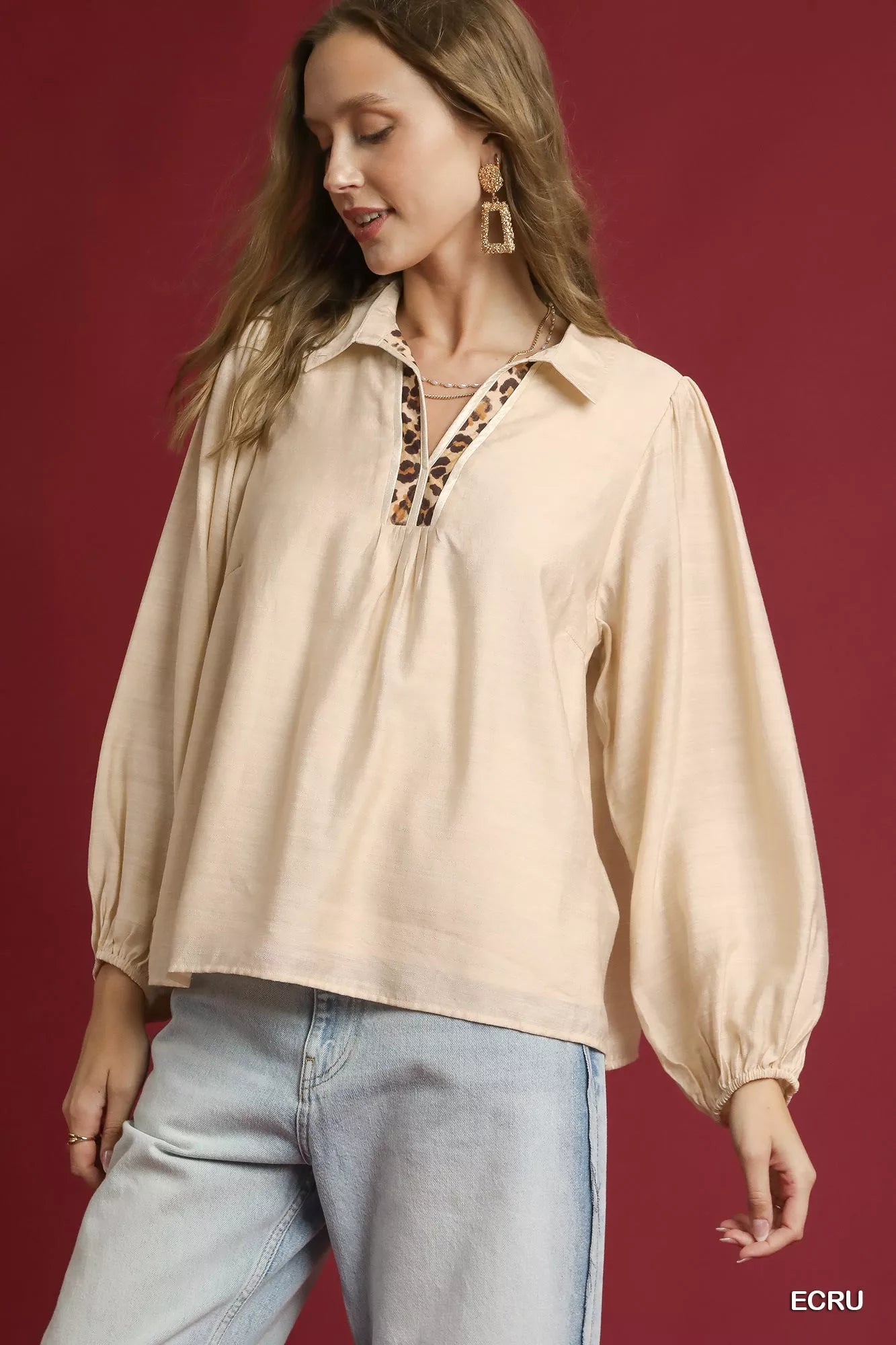 Umgee Ecru Long Sleeve Blouse with Leopard Print Trim ECRU