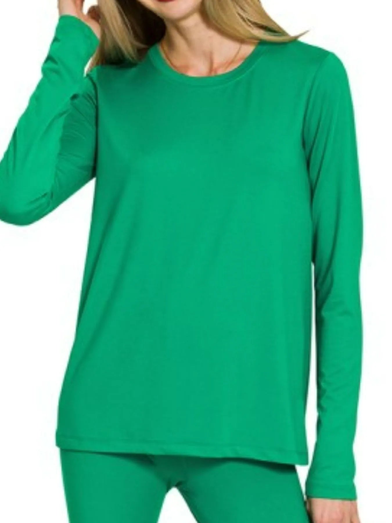 Zenana Kelly Green Microfiber Round Neck Top and Leggings Set