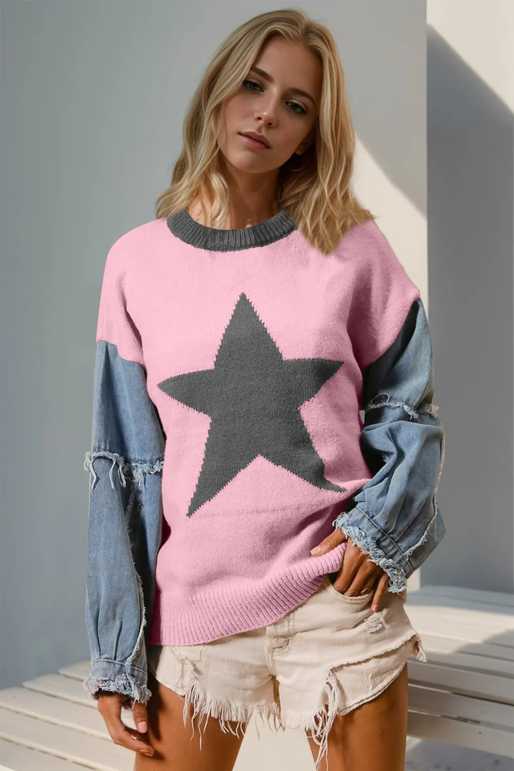 Double Take Full Size Star Pattern Raw Edge Long Sleeve Sweater Blush Pink