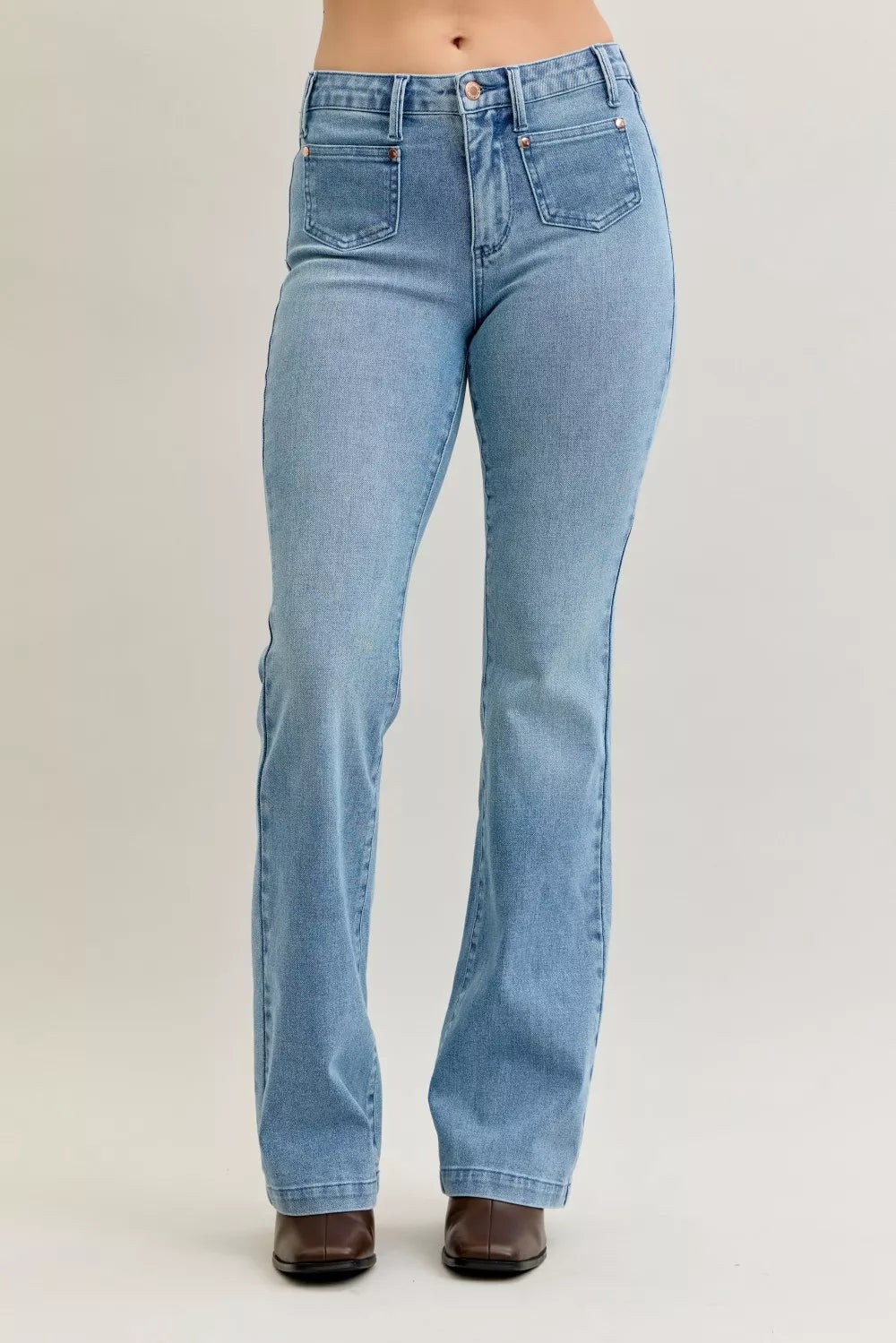 Judy Blue Medium Washed Mid Rise Bootcut Jeans with Contrast Wash & Front Patch Pockets MD