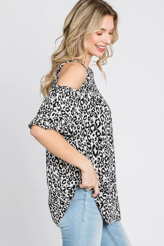 Heimish Ivory and Black Leopard Round Neck Cold Shoulder Top