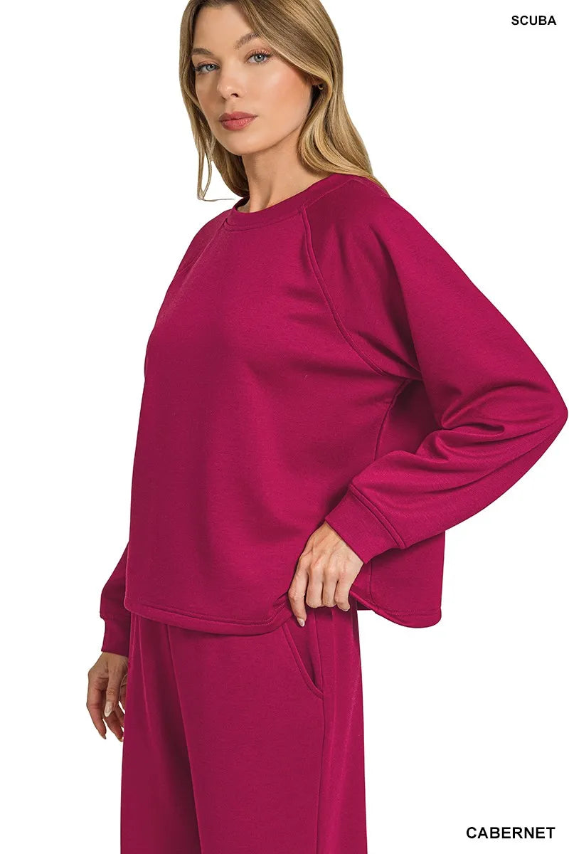 Zenana Cabernet Scuba Crewneck Long Sleeve Sweatshirt and Pants Set