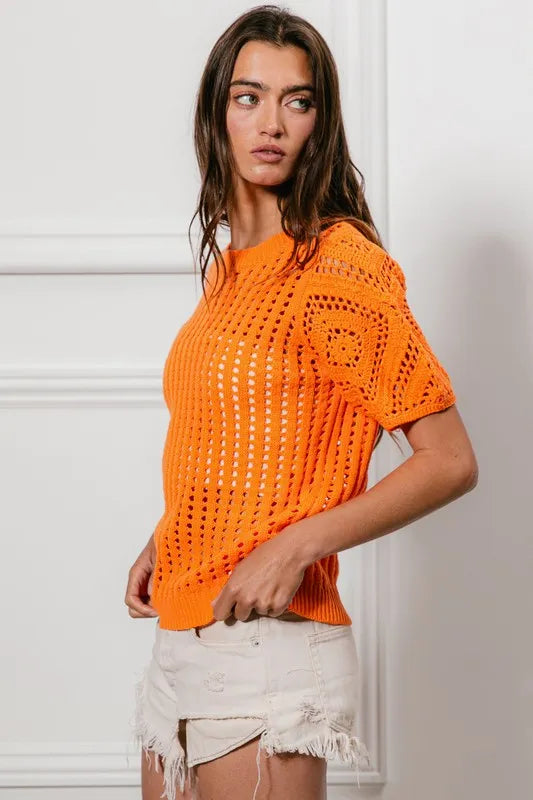 BiBi Orange Crochet Knit Top With Puff Sleeves