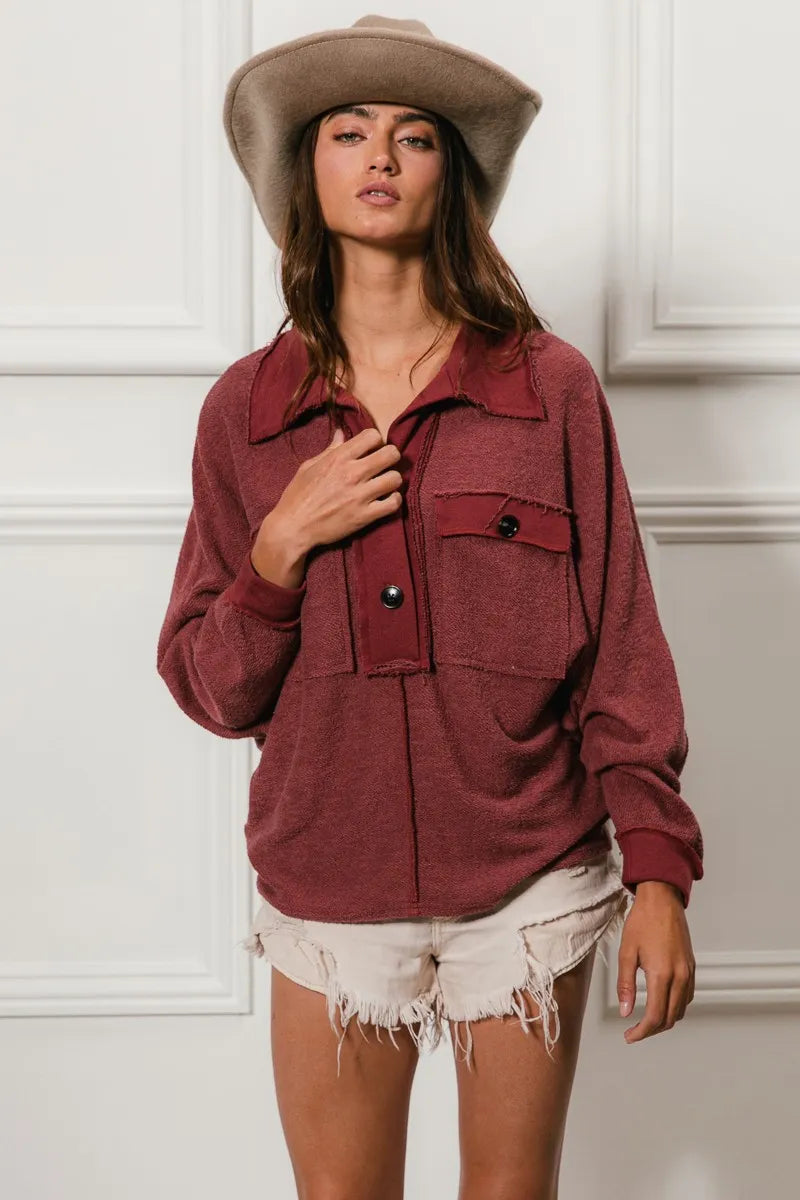 BiBi Marsala French Terry Cut Edge Detail Collared Long Sleeve Top