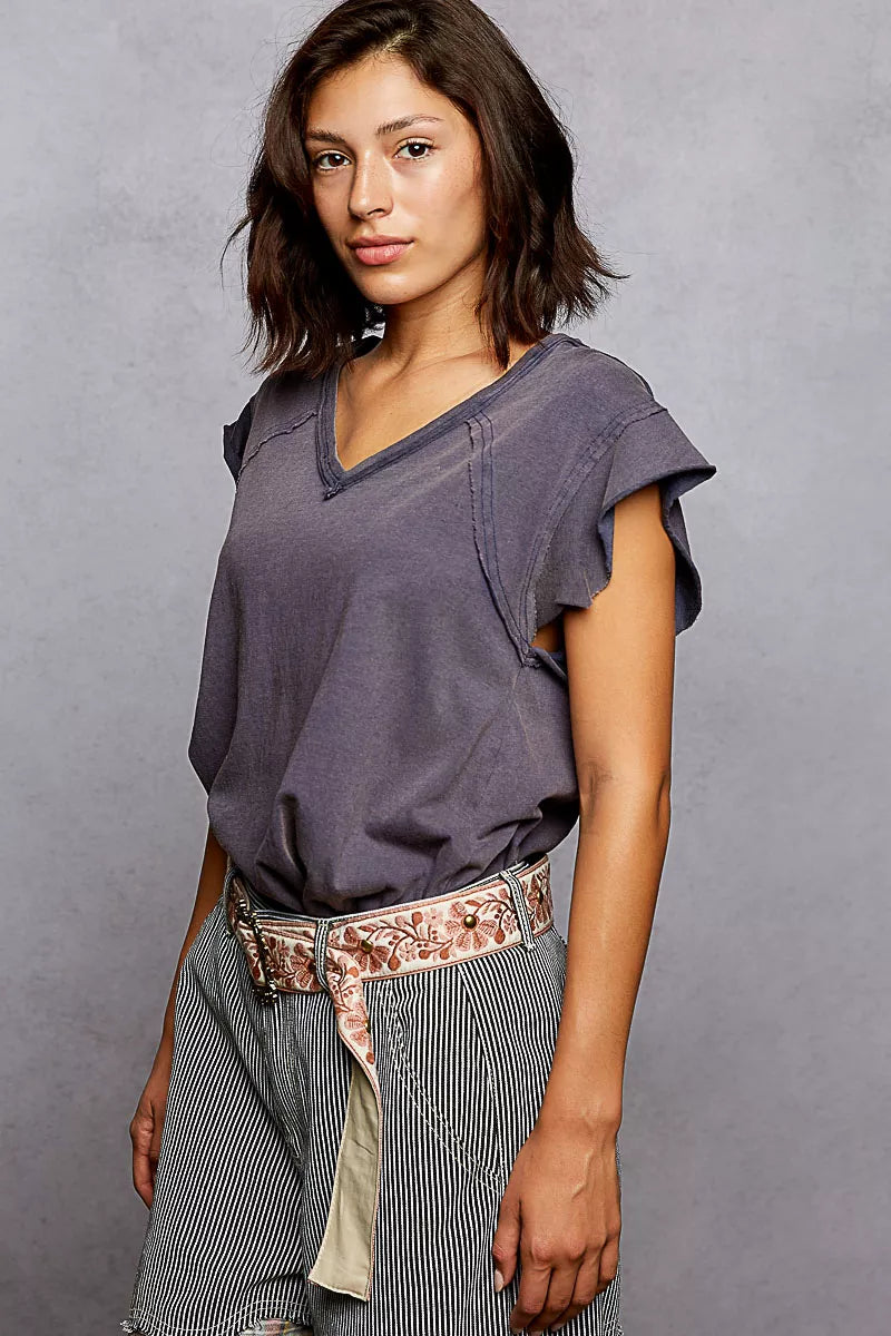 POL V-Neck Short Sleeve T-Shirt with Ruffle Sleeve