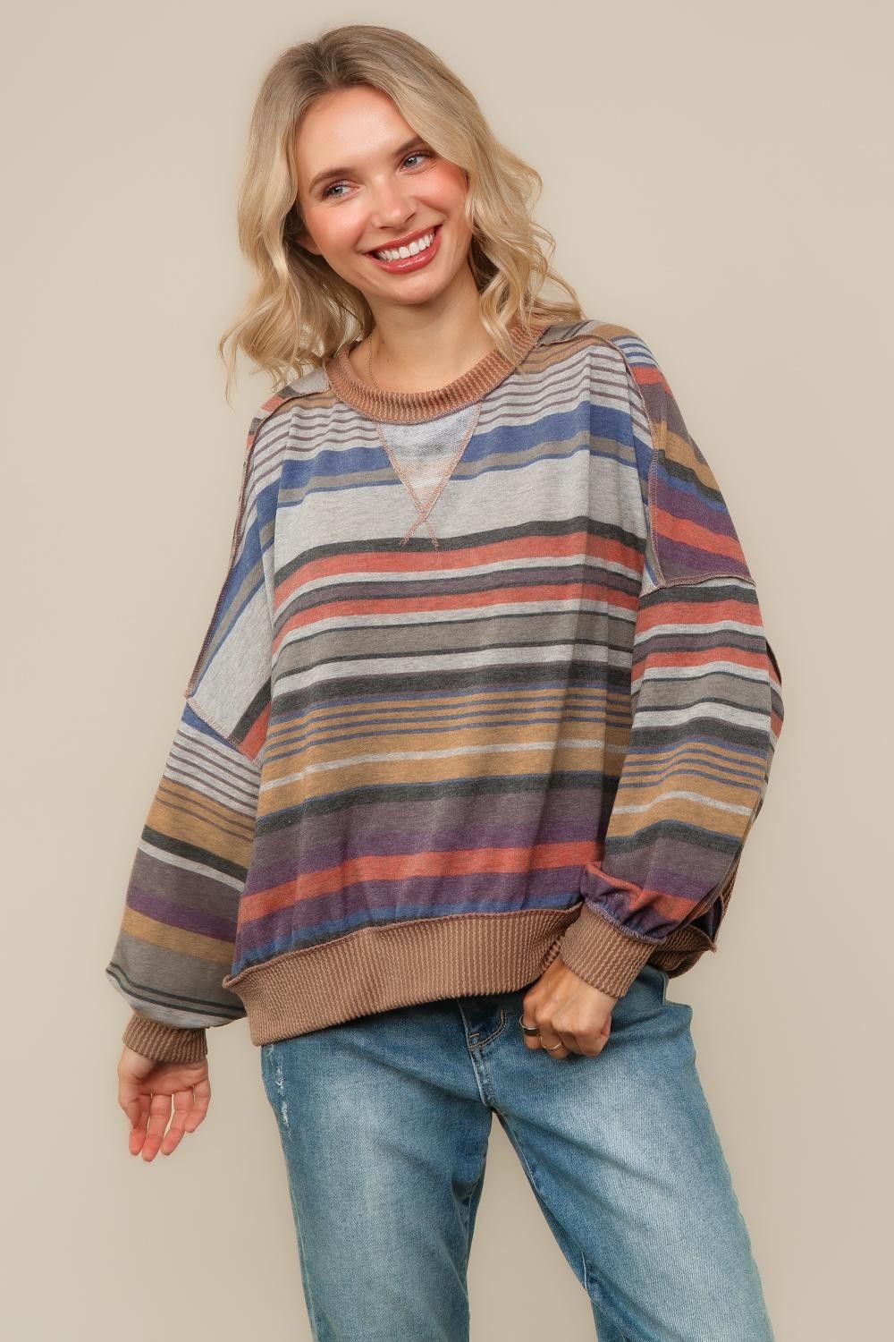 Haptics Multi-Color Stripe French Terry Pullover