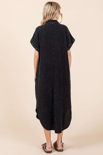 Mittoshop Charcoal Mineral Wash V Neck Button Up Midi Shirt Dress