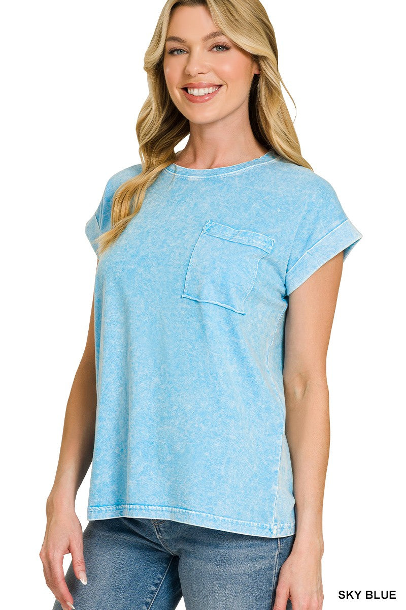 Zenana Sky Blue Halo Snow Washed Cuffed Short Sleeve Tee