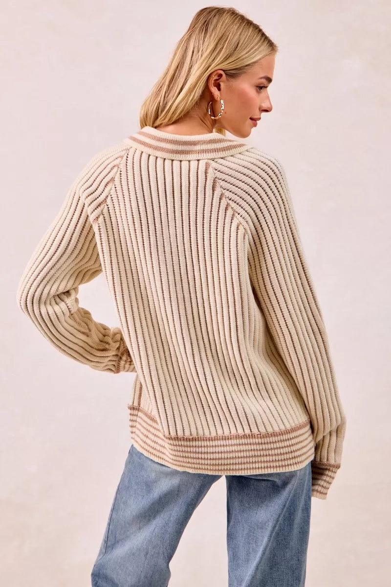 BiBi Cream & Latte Half Button Ribbed Two Tone Sweater