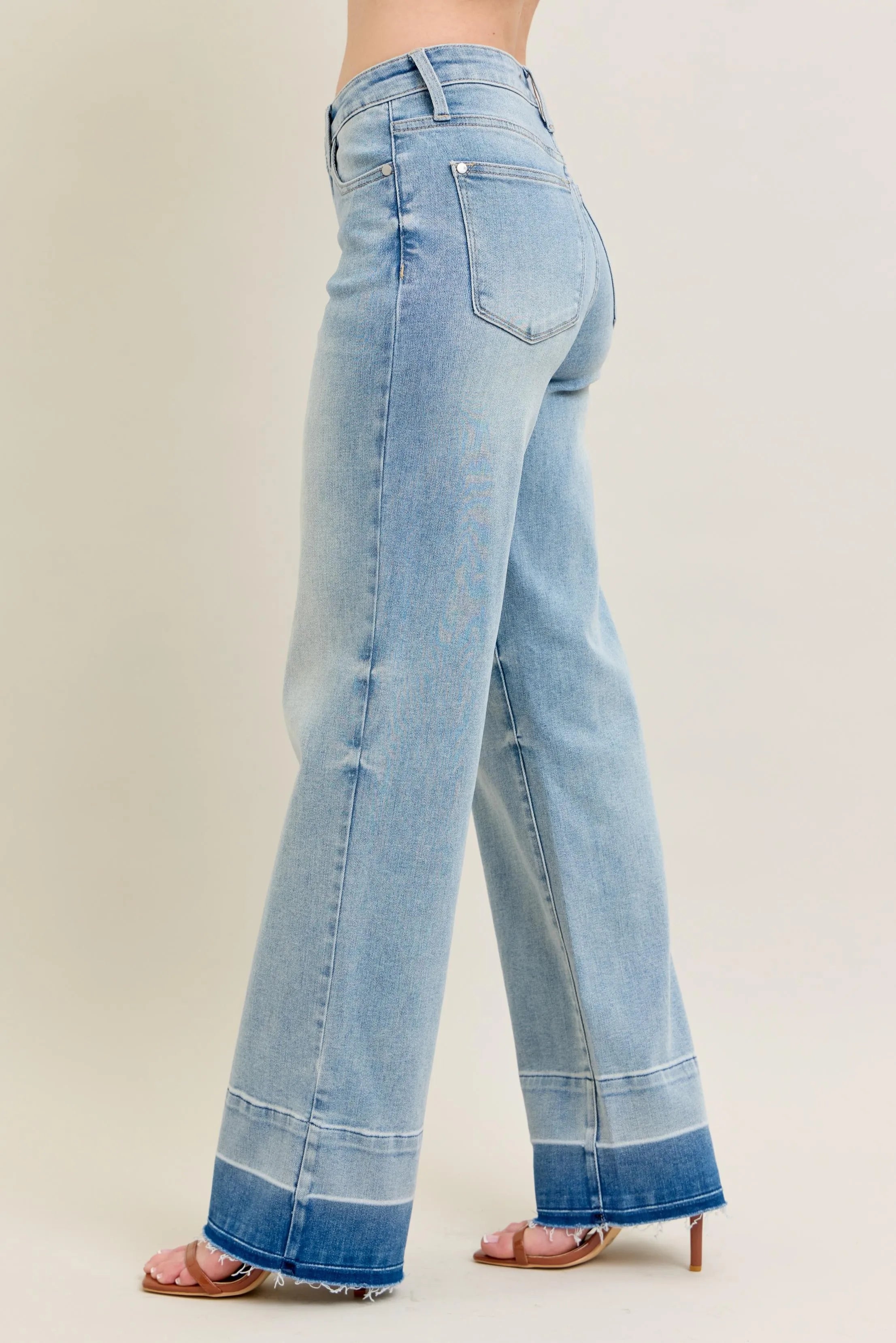 Judy Blue Light Washed Mid-rise Release Hem Wide Leg Jeans