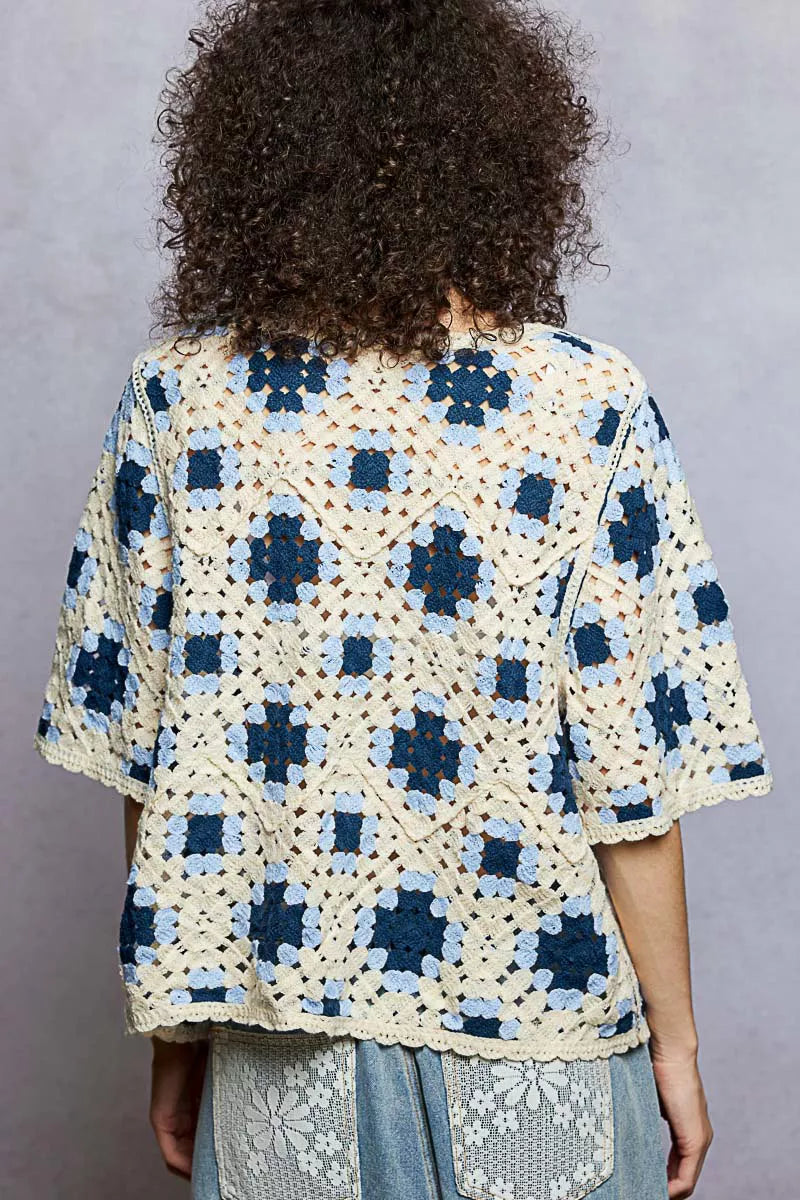 POL Blue Multi Round Neck Short Sleeve Color Pattern Crochet Top with Border Accents