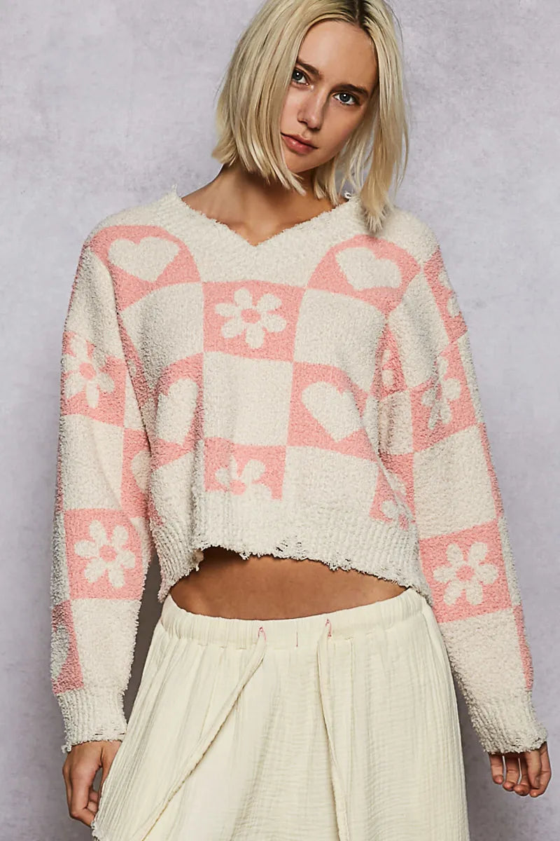 POL Cream & Pink V-Neck Heart Pattern Checkered Sweater CREAM PINK