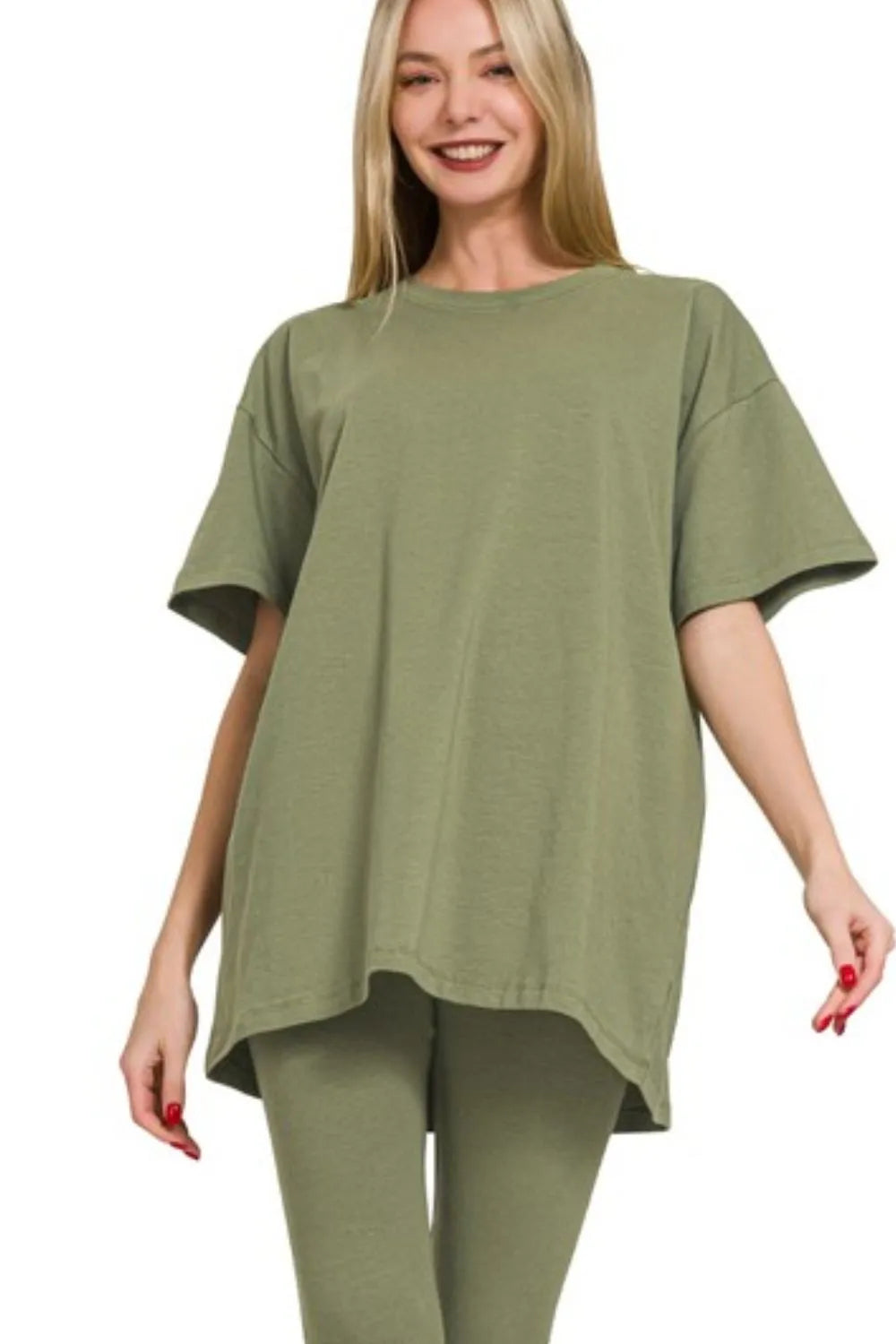 Zenana Light Olive Cotton Round Neck Top & Legging Set