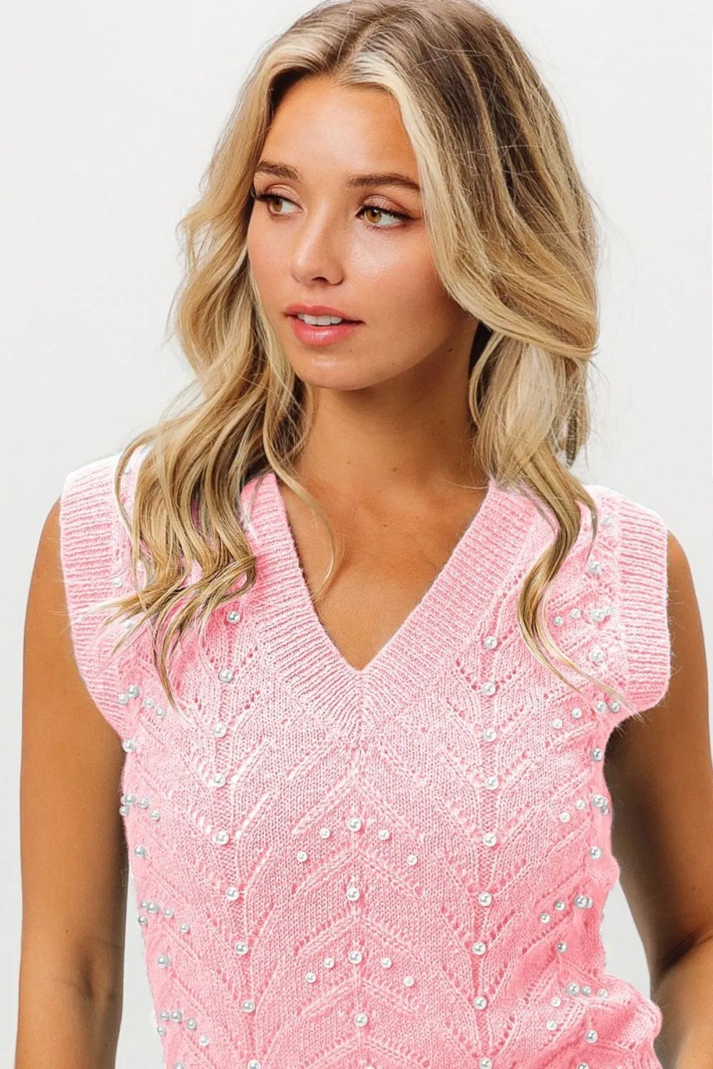 BiBi Blush Chevron Pointelle Pearl Knit Top BLUSH
