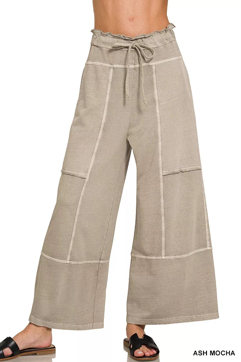 Zenana Ash Mocha French Terry Washed Exposed-seam Wide Leg Pants
