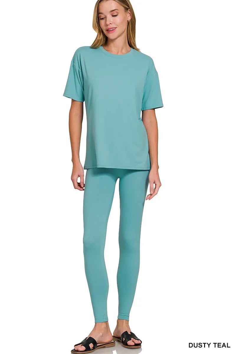 Zenana Dusty Teal Brushed Dty Microfiber Short Sleeve Top and Pants Loungewear Set