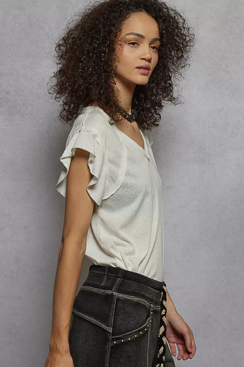 POL Off White V-Neck Short Sleeve T-Shirt with Ruffle Sleeve