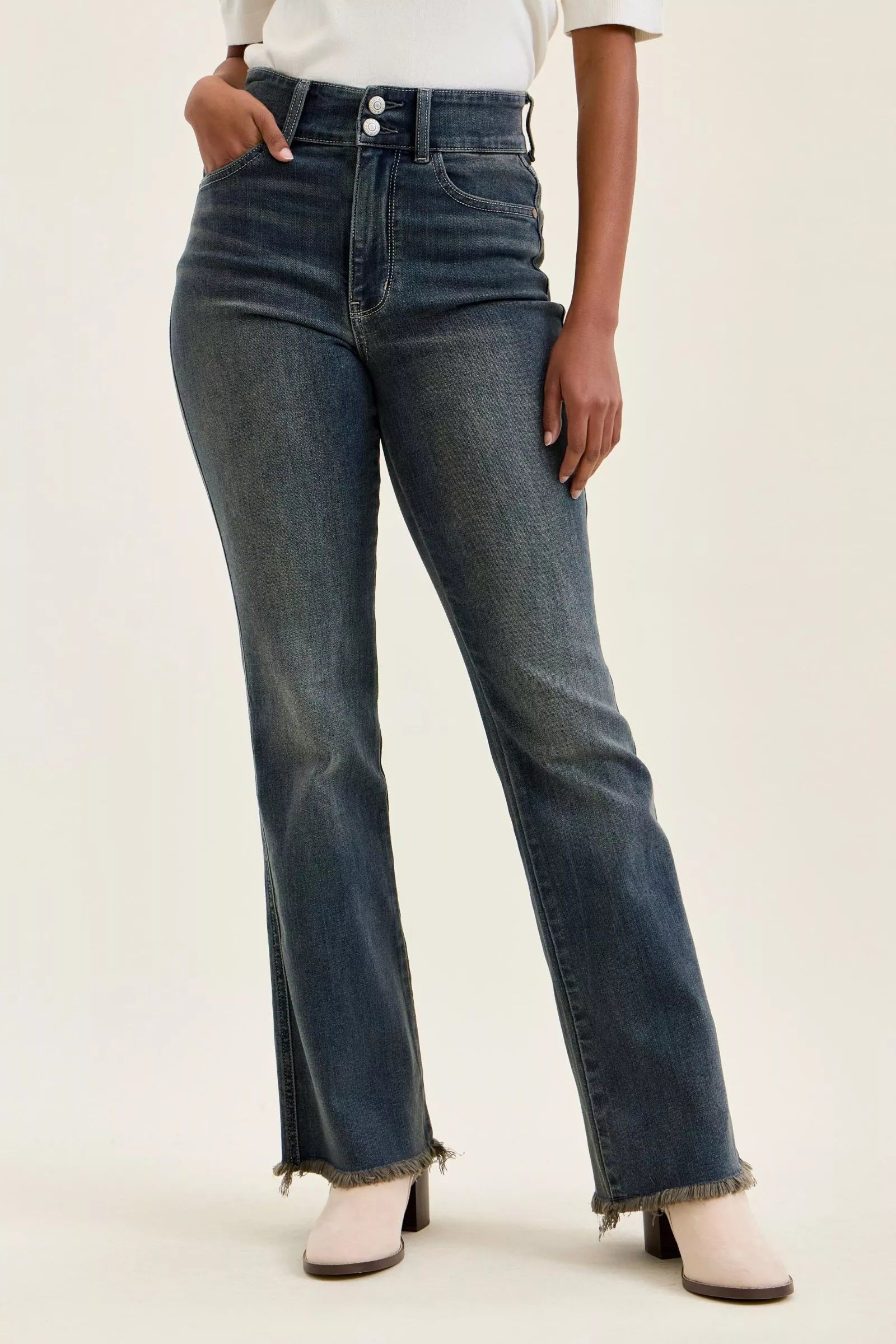 Judy Blue High Waist Double Button Frayed Hem Jeans MD