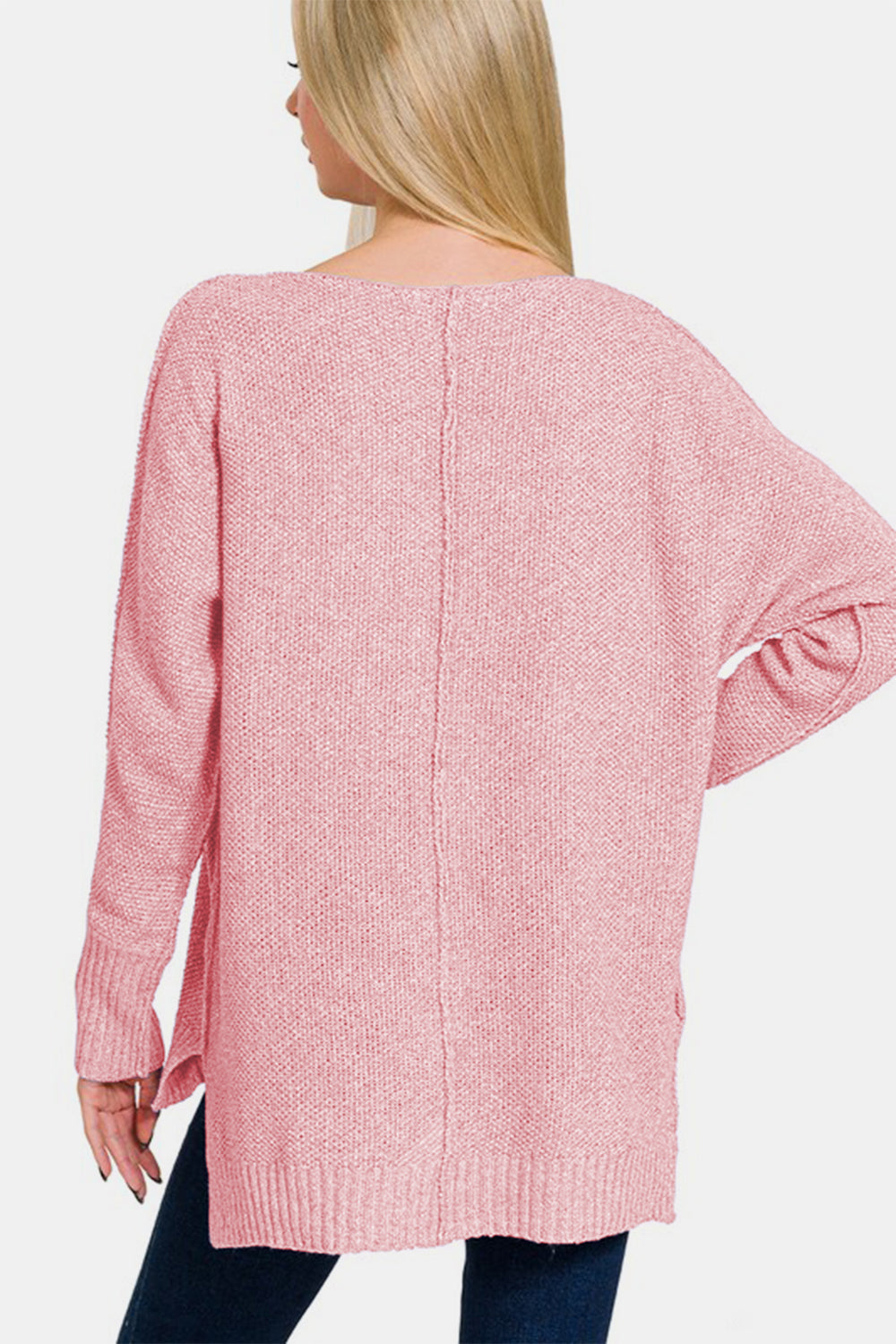 Zenana Dusty Pink High-Low Center Seam V-Neck Sweater Shirts & Tops